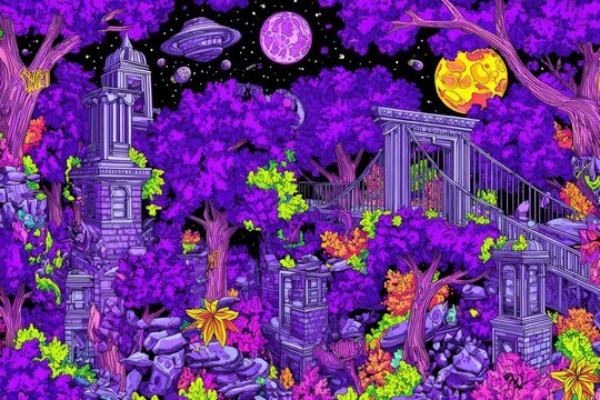 Psychedelic cityscape at night, with vibrant colors, futuristic elements, and surreal structures