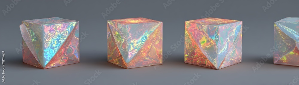 Poster four luminous iridescent cubes reflect and refract light on a soft grey backdrop displaying captivat