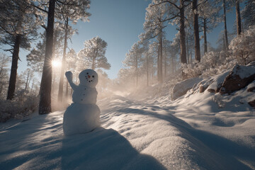 cheerful snowman waving with digital hand in pristine winter forest surrounded by ultrabright snowflakes