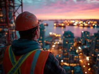 A construction worker in hard hat admires the beautiful city skyline at dusk from a high vantage point.