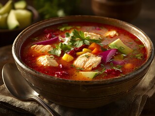 A flavorful bowl of colorful chicken tortilla soup garnished with fresh cilantro rests on a rustic linen cloth.