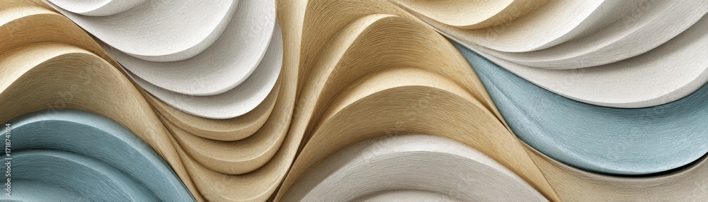 Poster elegant textured background features layers of flowing, abstract shapes in blue, beige, and white fo