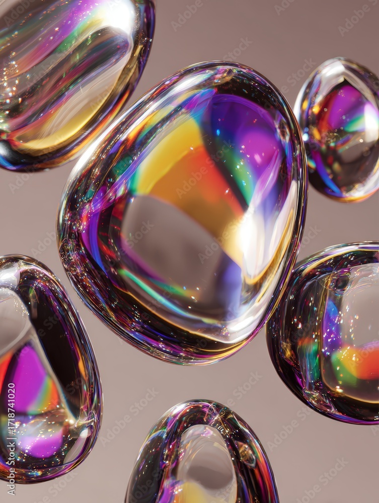 Poster abstract iridescent fluid shapes shimmer with colorful reflections, creating a captivating and mesme