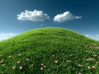 Green grassy hill dotted with pink flowers under a bright blue sky with fluffy white clouds above idyllic landscape.