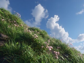 Lush green hillside covered in delicate pink flowers stretches up towards a bright blue sky with white clouds.