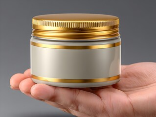 A hand holds a jar with gold accents and a blank label ready for cosmetic or food product ing use.