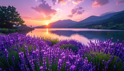 Lavender field at sunset over lake and mountains