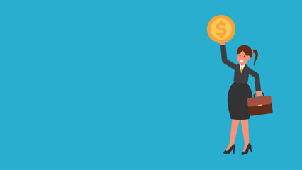 Illustration of a businesswoman holding a large gold coin and a briefcase. This visual represents business, investment, and finance with a flat design style on a blue background.