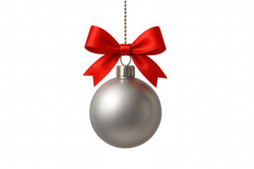 Elegant silver christmas ornament with shiny red ribbon bow hanging on chain isolated on transparent background
