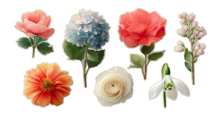 Colorful Isolated Flowers with Detailed Petals and Leaves on Transparent Background