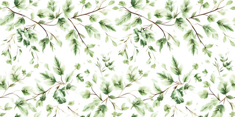 Watercolor botanical pattern featuring delicate green leaves on thin brown branches repeating on white