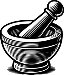 Illustration of a mortar and pestle with detailed hatching lines in black and white style drawing art