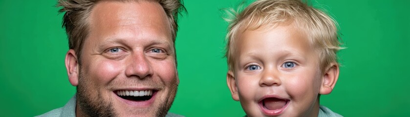 Obraz premium A cheerful father and his young blond toddler son smile brightly together against a vibrant green screen background in a studio setting.