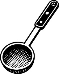Illustration of a black and white perforated spoon with a handle and three circular accents on it