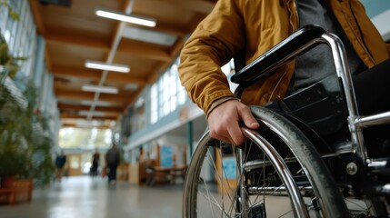 Obraz premium Person using a wheelchair moving independently through a spacious hallway with bright natural light, plants, and modern architectural details