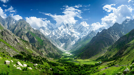 Fototapeta premium Breathtaking view of snow capped mountain range surrounded by lush green valleys and clear blue skies, evoking sense of tranquility and awe