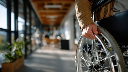 Obraz premium Close-up of a person in a wheelchair moving along a bright modern hallway with large windows and plants, symbolizing mobility, independence, and accessibility