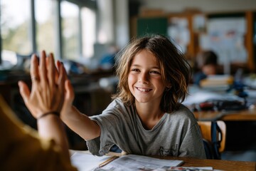 Smiling schoolchild giving a high five to a teacher while sitting at a classroom desk with books and papers, showing encouragement and positive learning atmosphere