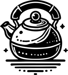 Stylized black and white illustration of a vintage kettle with a rounded body and decorative elements