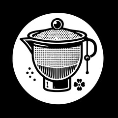 Illustration of a vintage tea infuser with a floral accent on a white circle and black background