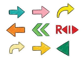 Vector illustration of illustration of colorful handdrawn arrows and symbols isolated on white