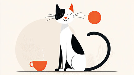 Cat with black and white fur sitting calmly near steaming cup