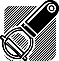 Illustration of a rotary cheese grater with handle and striped background in black and white style