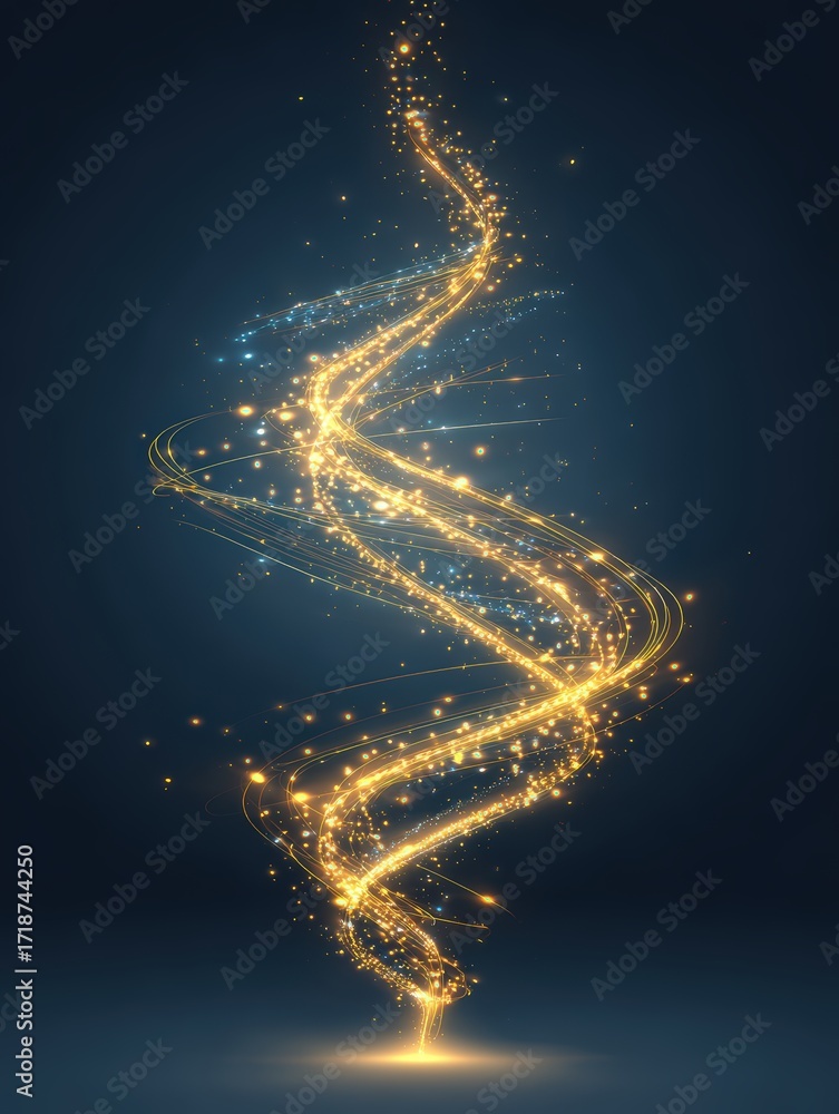 Poster a mesmerizing golden vortex of glowing particles spirals upwards, creating a stunning display of lig