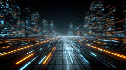 Digital light trails streaming across futuristic cityscape, depicting high-speed data flow and advanced urban technology in a glowing cyber environment