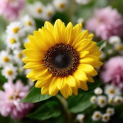 Obraz premium Radiant Sunflower Center Macro Shot with Soft Focus Floral Background in Delicate Pink and White Blooms