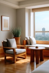 Fototapeta premium Modern Asian Hotel Room with Bright Window View and Furniture