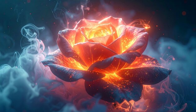 Fiery rose glowing amidst ethereal smoke