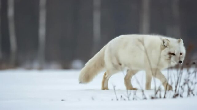 White arctic fox in snowy landscape