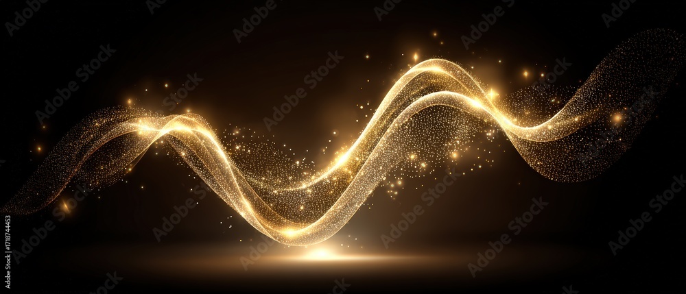Poster elegant golden light particles gracefully flow and shine against a dark background, creating a mesme