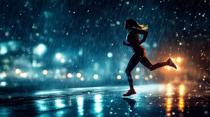 Naklejka premium female runner running while raining at night