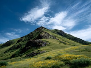 Lush green mountain rises beneath a vibrant blue sky adorned with wispy white clouds on a sunny summer day.