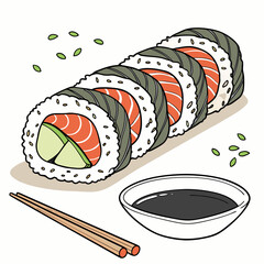 Sushi platter with salmon rolls chopsticks and soy sauce Keywords: sushi, maki, roll, salmon
