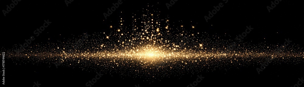 Poster a captivating array of golden glitter dust particles gently cascades against a stark black backgroun