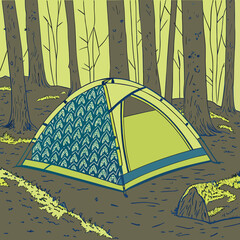 Tent with patterned fabric in a dark forest setting