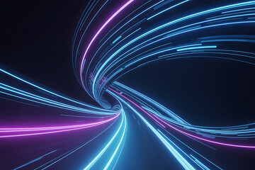 Abstract futuristic tunnel of blue and purple neon light streaks