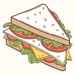 Triangle sandwich with lettuce tomato and cheese on white background