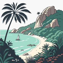 Tropical bay with sailboat and palm tree beach ocean