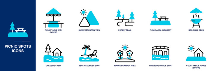 Picnic Spots Blue Colored Outline Icon Set