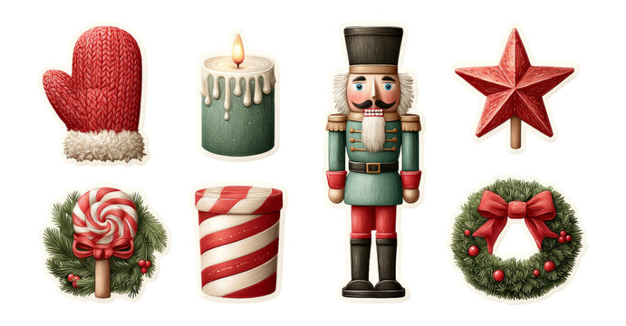 Christmas Nutcracker, Candle, Mittens, Star, Wreath, Lollipop, Isolated Holiday Objects