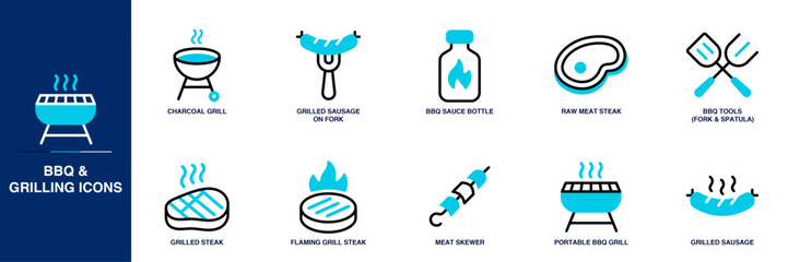 BBQ and Grilling Blue Colored Outline Icon Set