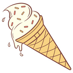 Vanilla ice cream cone with sprinkles and drips dessert