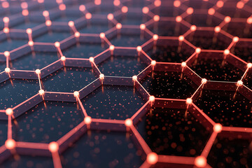 Closeup view of a glowing red hexagonal atomic lattice structure, representing graphene