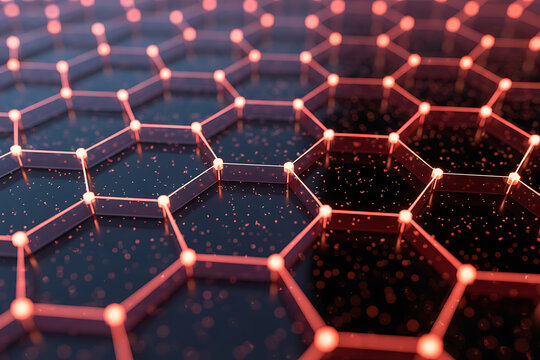 Closeup view of a glowing red hexagonal atomic lattice structure, representing graphene
