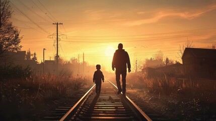 Fototapeta premium A heartwarming scene featuring a father and son bonding on railway tracks.