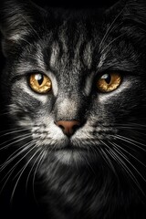 Gray cat with golden eyes in low light.